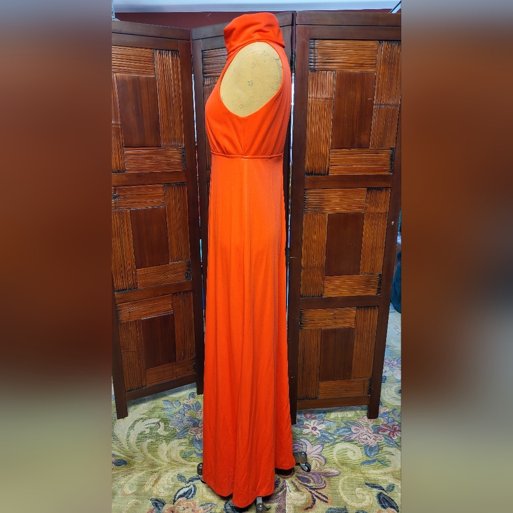Women's Shawn Orginals Vintage Firey Orange Red Turtle Halter Maxi Dress Size 10 - Picture 3 of 15